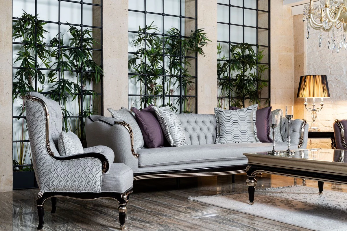 Luxury Baroque Coffee Table Silver / Black - Handmade Solid Wood Living Room Table with Glass Top - Baroque Living Room Furniture