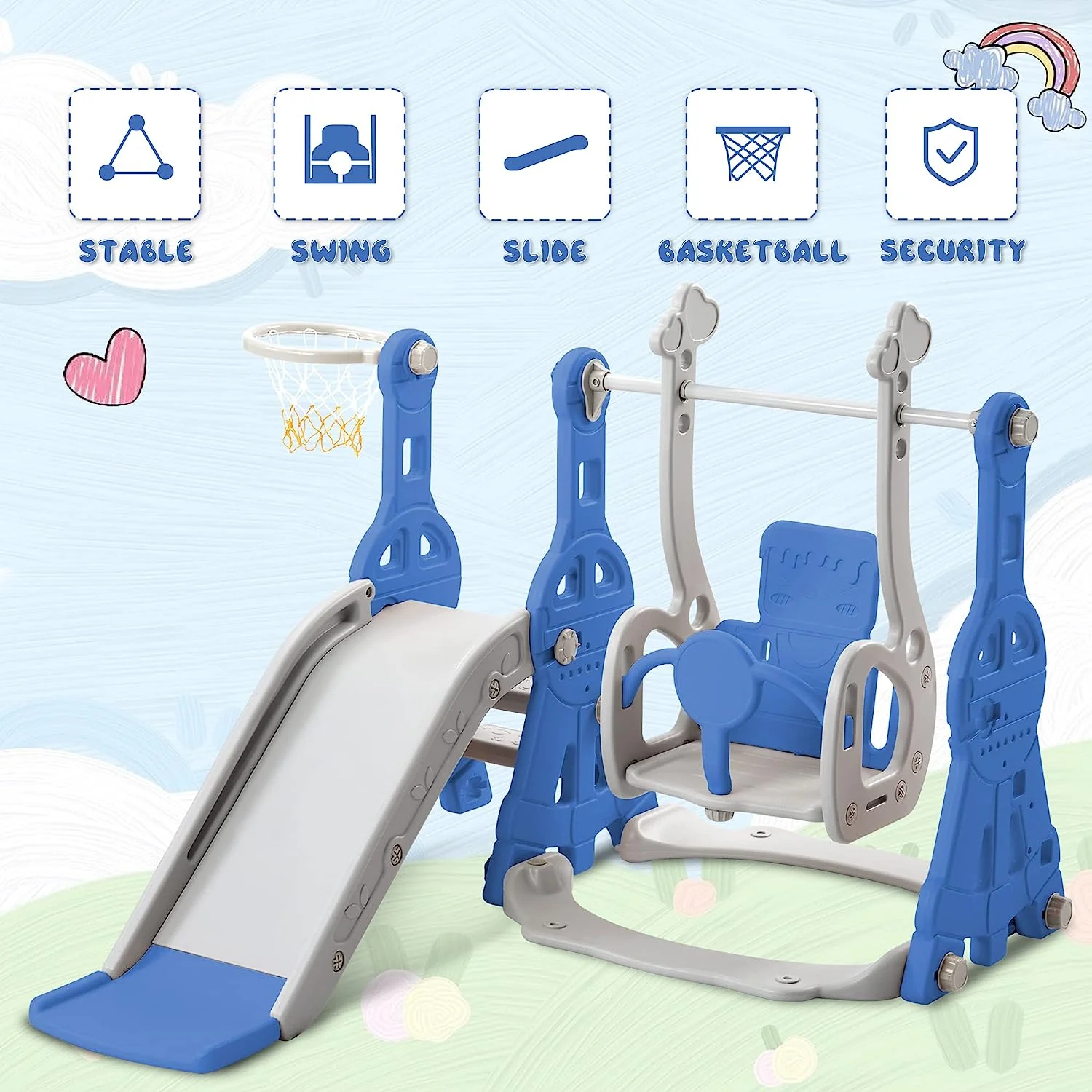 Merax 4-in-1-Rutsche für Kleinkinder, Indoor-Rutsche und Schaukel-Set für Kinder, freistehende Outdoor-Rutsche mit Basketballkorb (grüne Schaukelrutsche)