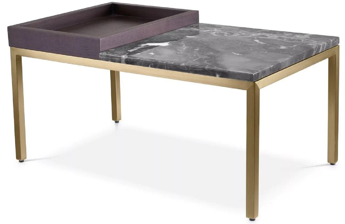 Luxury side table brass / brown / gray 70 x 40 x H. 35 cm - Rectangular brass table with walnut veneer and marble top - Living room furniture - Luxury furniture - Luxury furnishings
