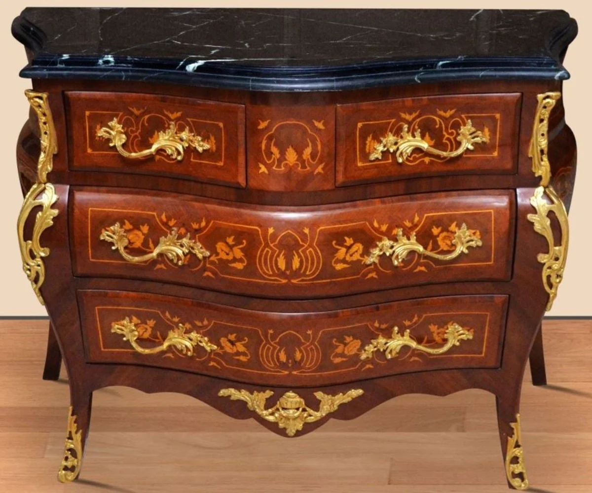 Baroque chest of drawers brown / gold / black 120 x 50 x H. 85 cm - Handcrafted solid wood chest of drawers with 4 drawers and marble top - Baroque furniture
