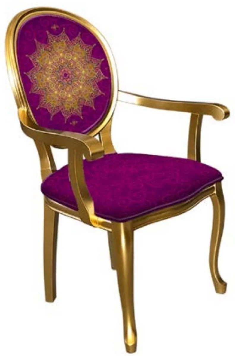 Baroque dining room chair purple / gold - handmade antique style chair with armrests - dining room furniture in baroque style