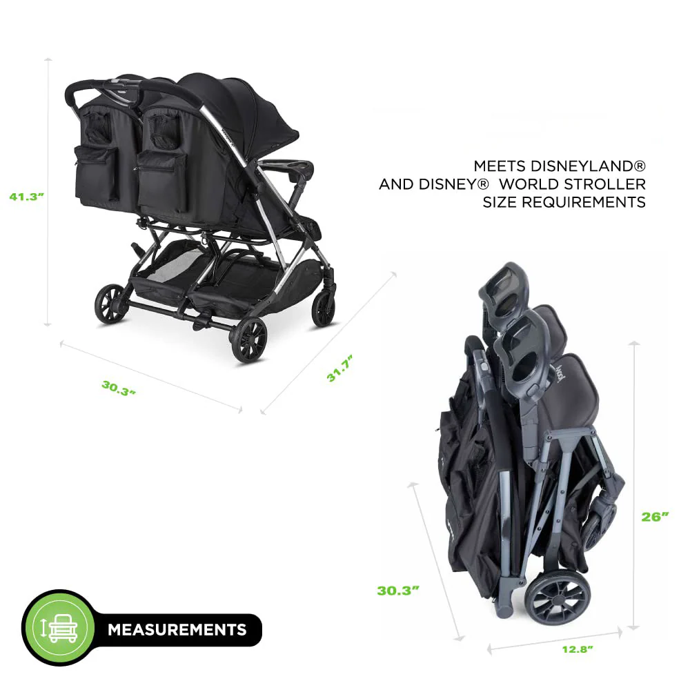 Side-by-Side-Doppelkinderwagen mit zwei Snack-Tabletts, einhändig klappbaren Sitzen, verstellbaren Liegesitzen, verstellbaren Beinstützen und 2 Reißverschlusstaschen zur Aufbewahrung, geschmiedetes Eisen