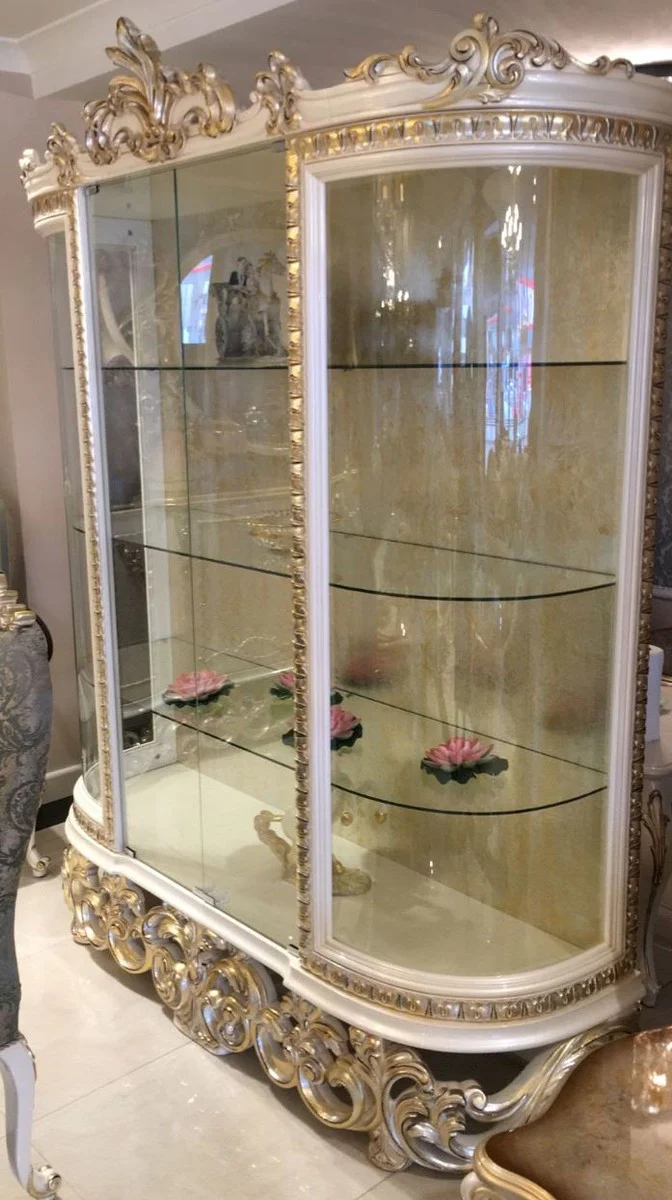 Luxury baroque display cabinet white / silver / gold 170 x 50 x H. 215 cm - Magnificent display cabinet with 2 glass doors and 3 glass shelves - Baroque furniture