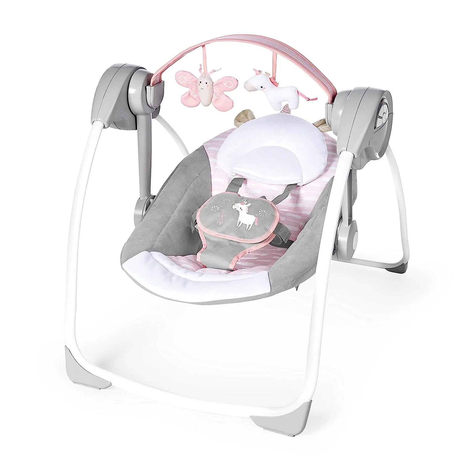 Ingenuity Soothe 'n Delight, kompakte, tragbare 6-Gang-Plüsch-Babyschaukel mit Musik, einfach zusammenklappbar, 0–9 Monate, 28–9 kg (Cozy Kingdom)