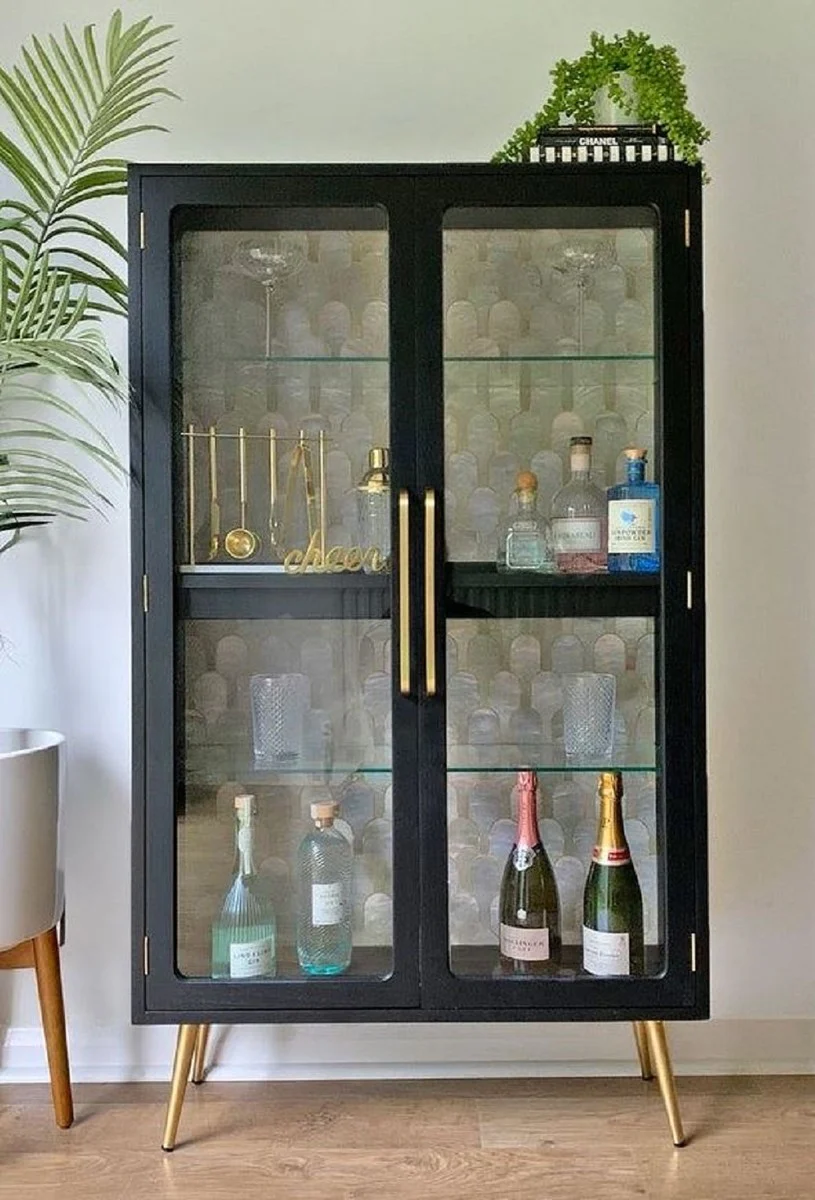 Luxury display cabinet with LED lighting black / gold 124 x 57 x H. 177 cm - Illuminated solid wood display cabinet with 2 glass doors - Living room furniture - Luxury furniture