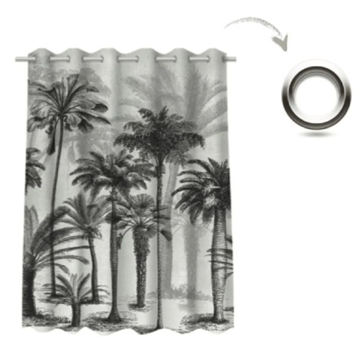 Luxury curtain set palm trees gray / black 250 x H. 290 cm - Printed linen & velvet curtains - Eyelet curtains - Sliding curtains - Luxury decorative accessories