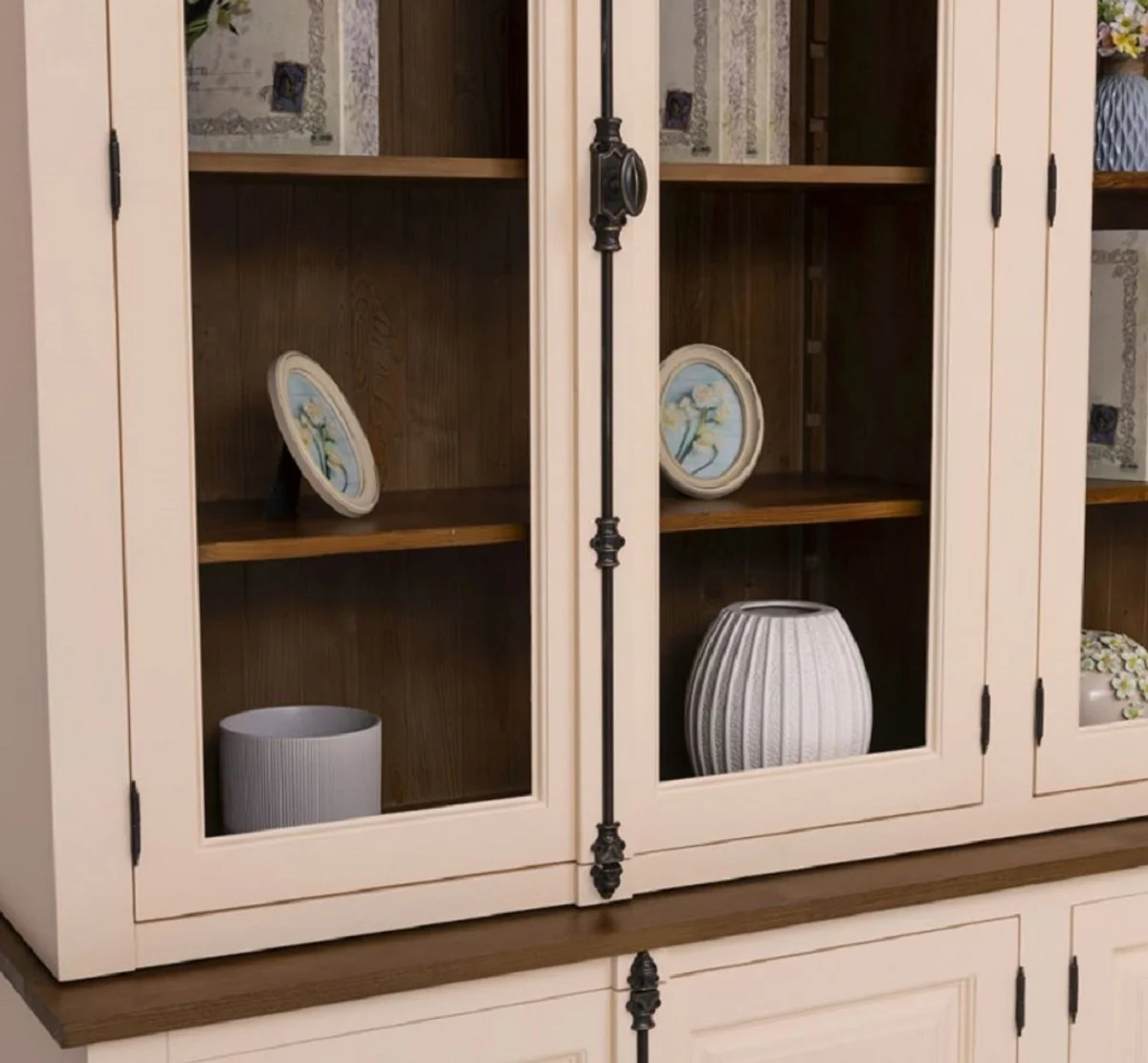 Country house style dining room cabinet cream / brown 223 x 50 x H. 228 cm - solid wood kitchen cabinet - dining room furniture in country house style - country house style dining room furnishings