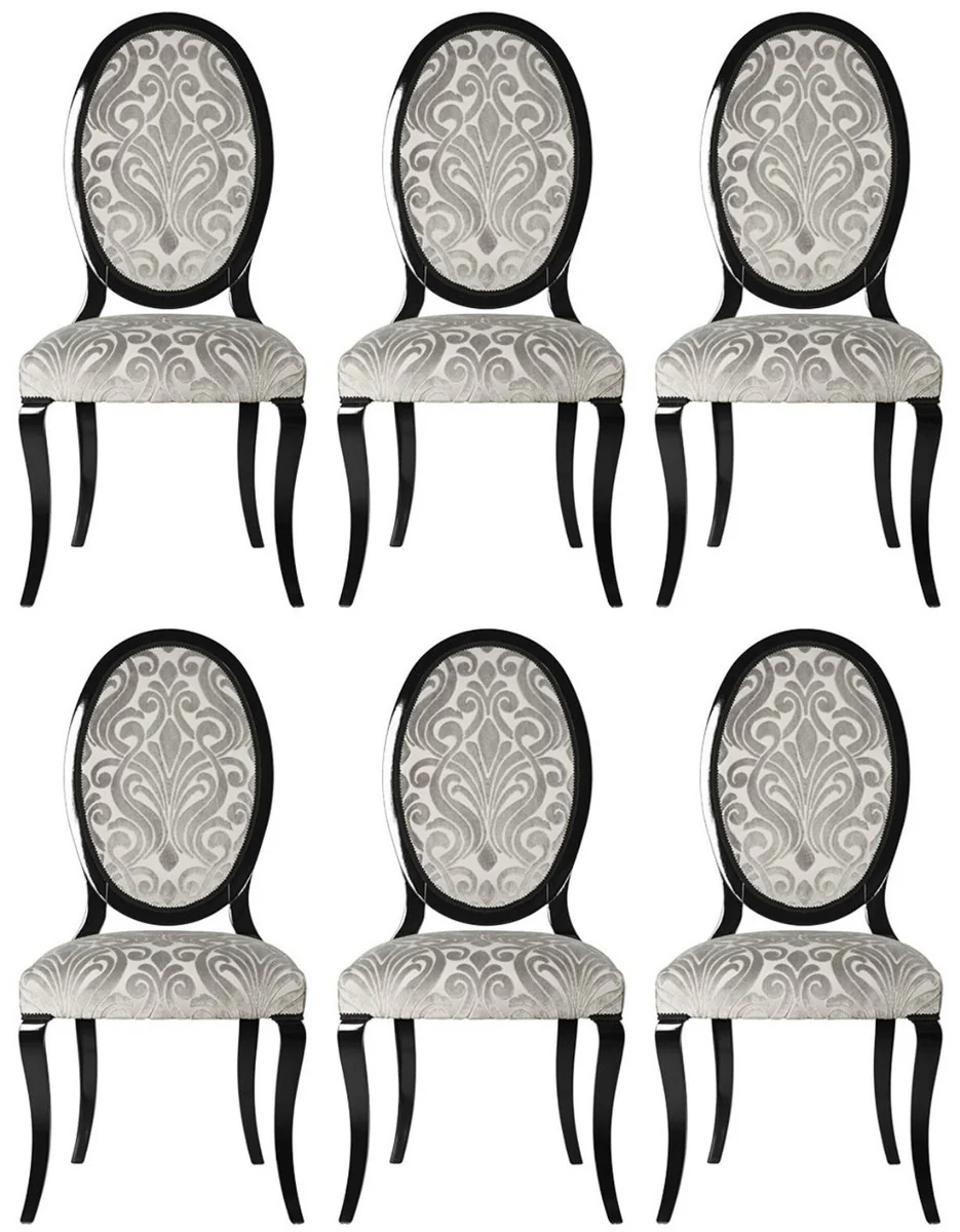 Luxury Art Nouveau dining chair set of 6 gray / black 51 x 48 x H. 106 cm - Elegant kitchen chairs with pattern - Baroque & Art Nouveau dining room furniture - Luxury quality