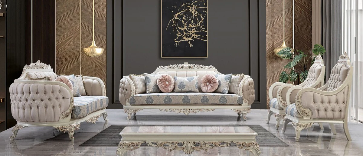 Luxus Barock Wohnzimmer Set Mehrfarbig / Creamweiß / Kupfer - 2 Barock Sofas & 2 Barock Sessel & 1 Barock Couchtisch - Luxus Wohnzimmer Möbel im Barockstil - Barock Möbel