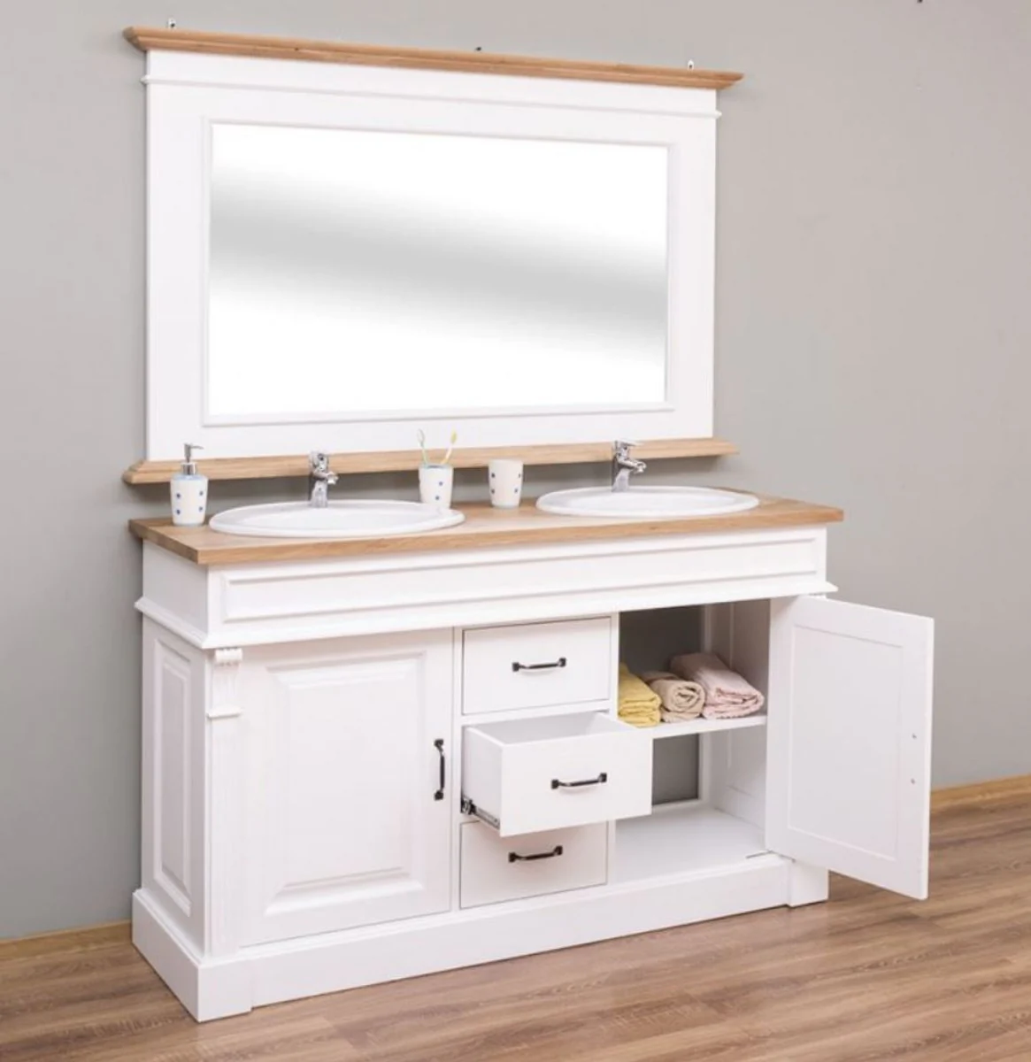 Country house style bathroom set white / natural colors - 1 double washbasin & 1 wall mirror - solid wood bathroom furniture in country house style