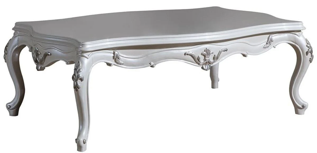 Luxury baroque coffee table white / silver 125 x 85 x H. 47 cm - Rectangular solid wood living room table - Magnificent baroque furniture