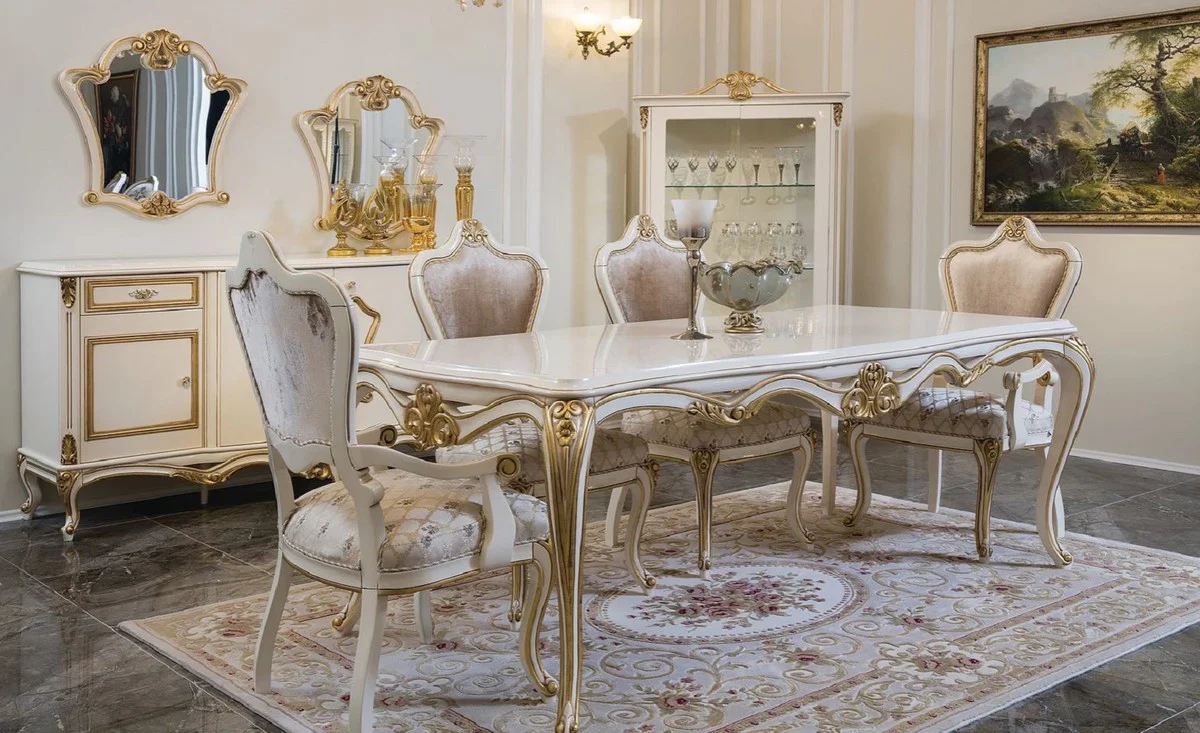 Luxury Baroque Dining Room Set Pink / White / Gold - 1 Dining Table & 6 Dining Chairs - Dining Room Furniture in Baroque Style - Noble & Magnificent