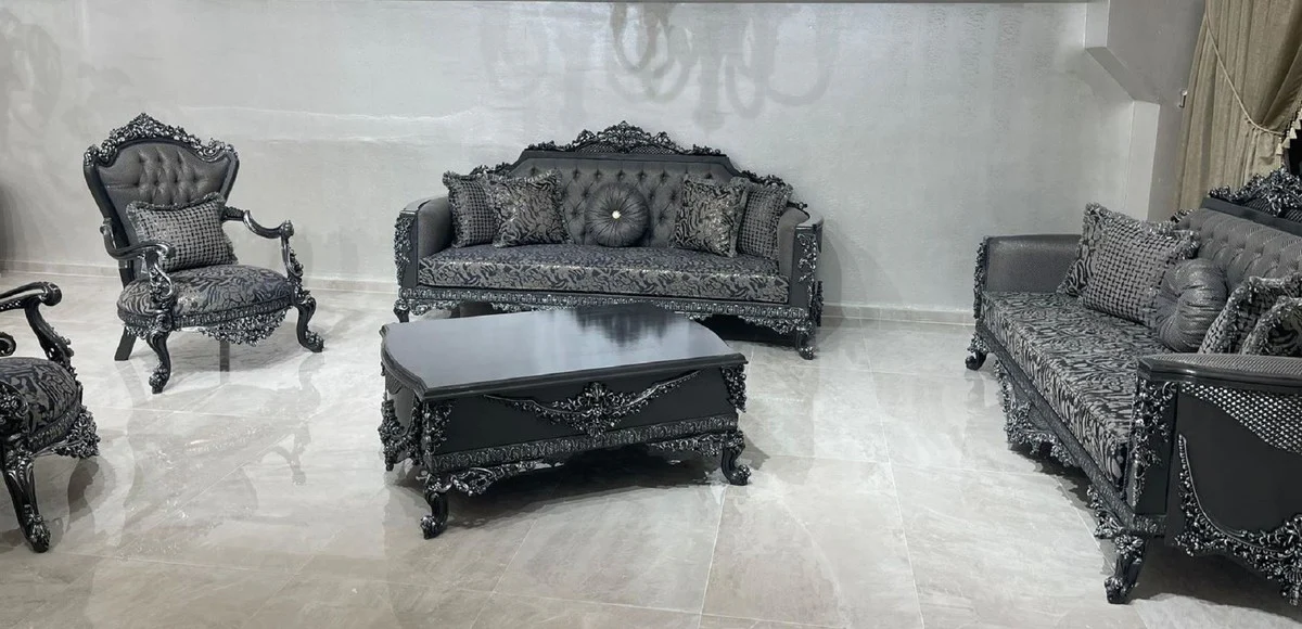 Luxus Barock Wohnzimmer Set Grau / Silber - 2 Barock Sofas & 2 Barock Sessel & 1 Barock Couchtisch - Luxus Wohnzimmer Möbel im Barockstil - Barock Möbel - Edel & Prunkvoll