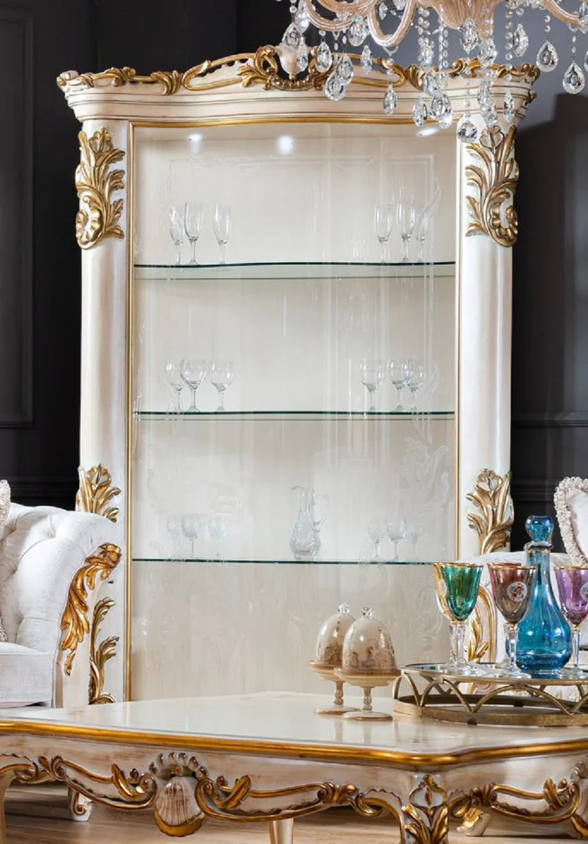 Luxury baroque display cabinet white / beige / gold - handmade solid wood display cabinet with glass door - baroque furniture