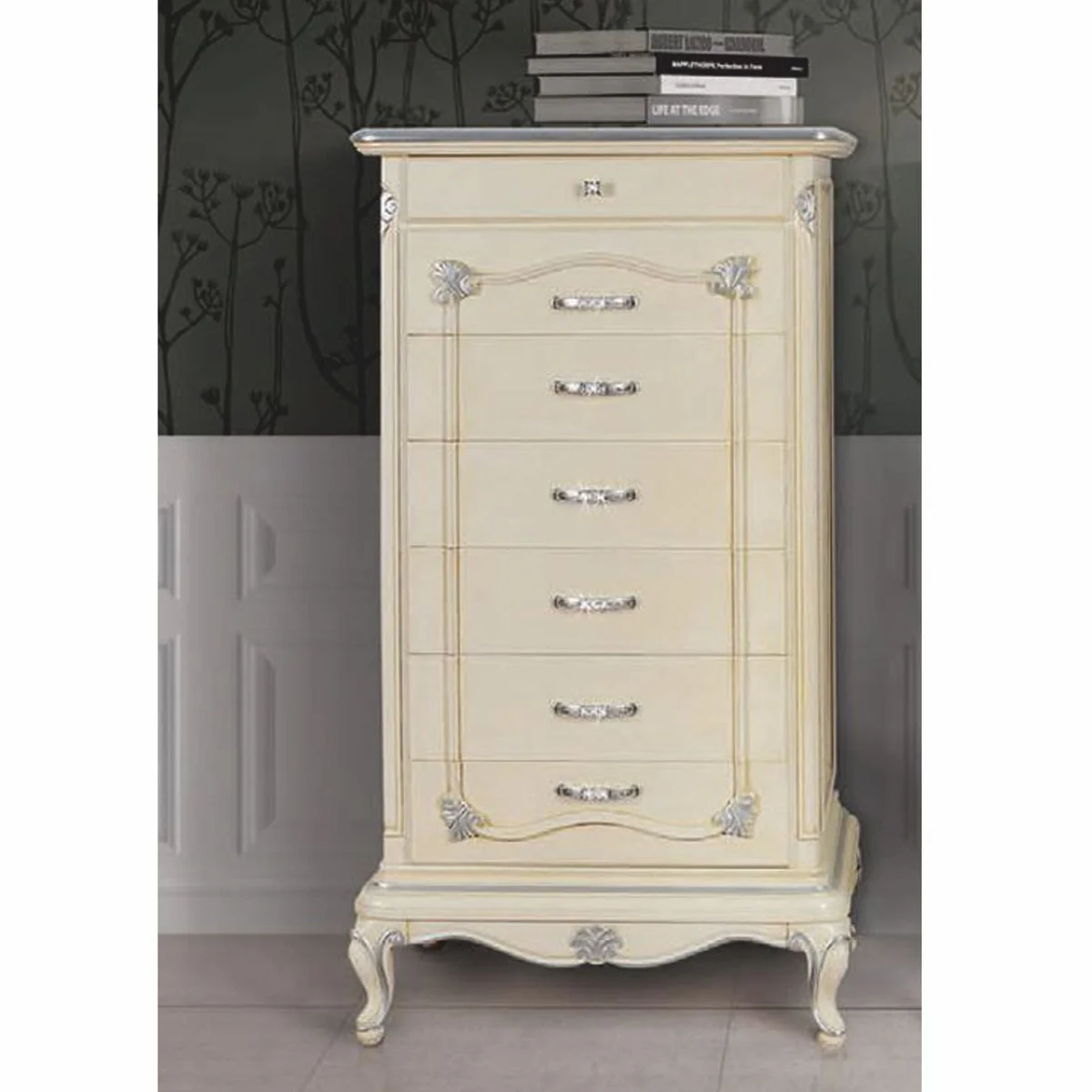Luxury baroque chest of drawers with 7 drawers cream / silver H. 135 cm - Made in Italy