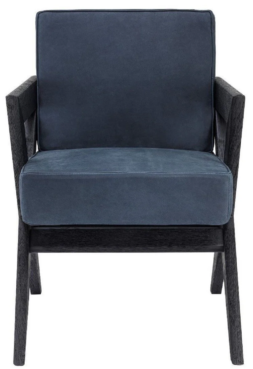 Luxury genuine leather dining room chair with armrests blue / black 59 x 74 x H. 88 cm - kitchen chair with elegant nubuck buffalo leather - luxury dining room furniture