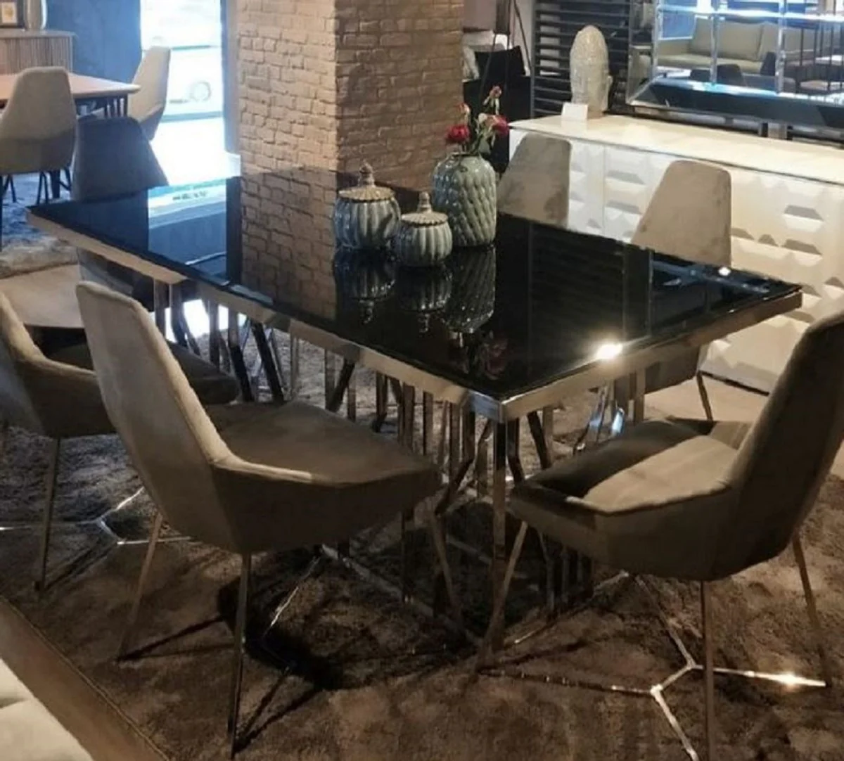 Luxury dining table silver / black 200 x 100 x H. 77 cm - Rectangular stainless steel kitchen table with glass top - Dining room furniture - Luxury furniture - Luxury furnishings