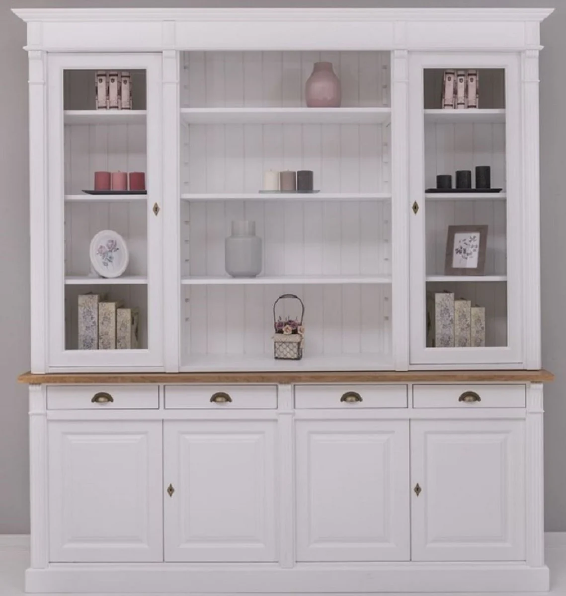 Country house style dining room cabinet white / brown 223 x 51 x H. 240 cm - solid wood cabinet - kitchen cabinet - country house style dining room furniture