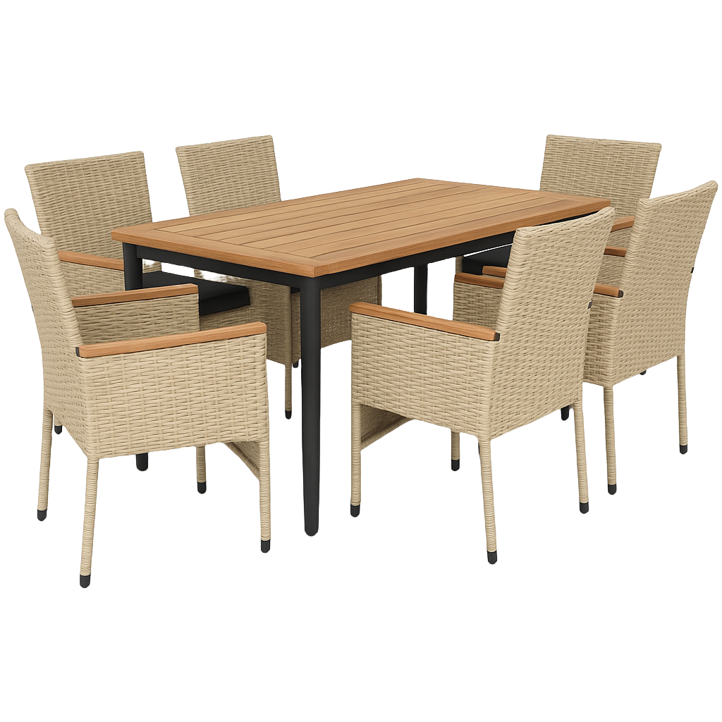 7-teilige beige Essgruppe aus Polyethylen und Stahl für den Außenbereich im Garten