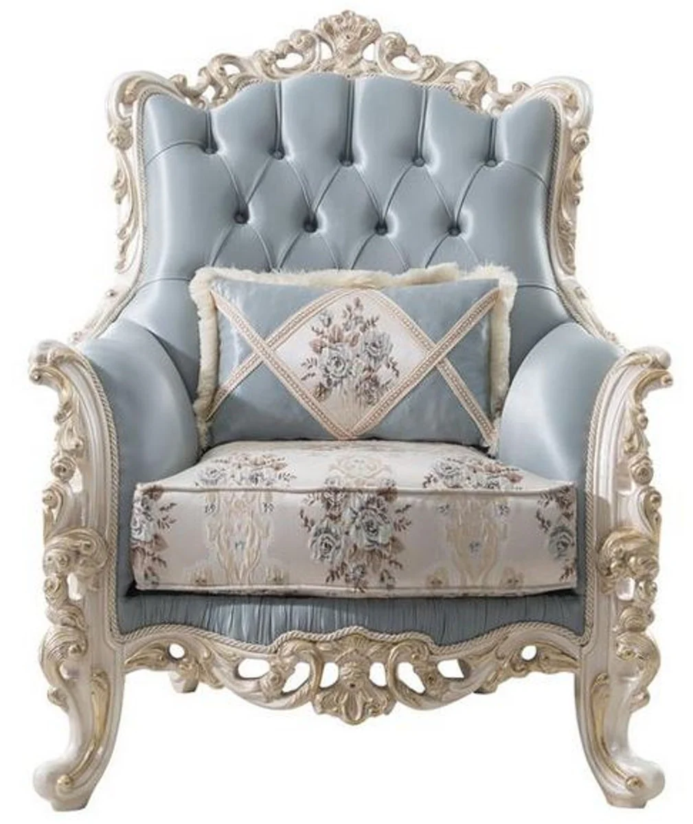 Luxury Baroque Living Room Set Light Blue / Cream / White / Gold - 2 Sofas & 2 Armchairs & 1 Coffee Table - Noble Baroque Living Room Furniture