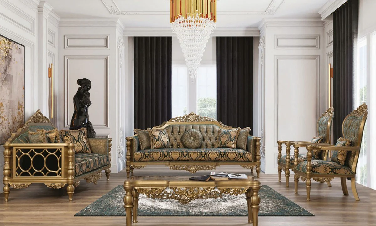 Luxus Barock Wohnzimmer Set Grün / Gold - 2 Sofas & 2 Sessel & 1 Couchtisch - Wohnzimmer Möbel im Barockstil - Edel & Prunkvoll