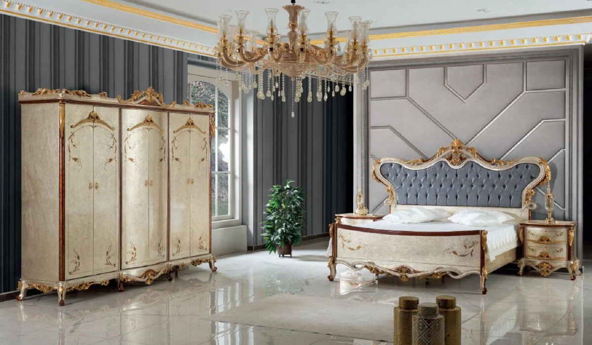 Luxury baroque bedroom set blue / silver - 1 double bed with headboard & 2 bedside tables - bedroom furniture in baroque style - noble and magnificent