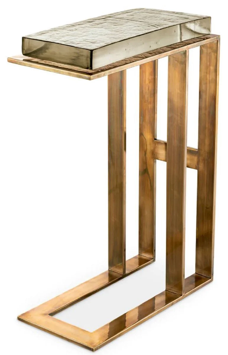 Luxury side table vintage brass 45 x 23 x H. 66 cm - Rectangular stainless steel table with glass top - Luxury furniture - Living room furniture - Luxury furnishings - Living room furnishings