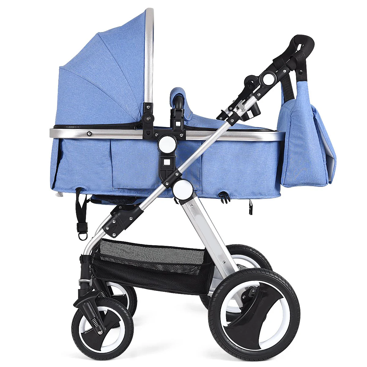Kinderwagen für Neugeborene, 2-in-1-Hochformat-Kinderwagen und umwandelbarer Stubenwagen, verstellbare Rückenlehne und Verdeck, Getränkehalter, Aufbewahrungskorb, faltbarer Kinderwagen mit Fußabdeckung (blau)