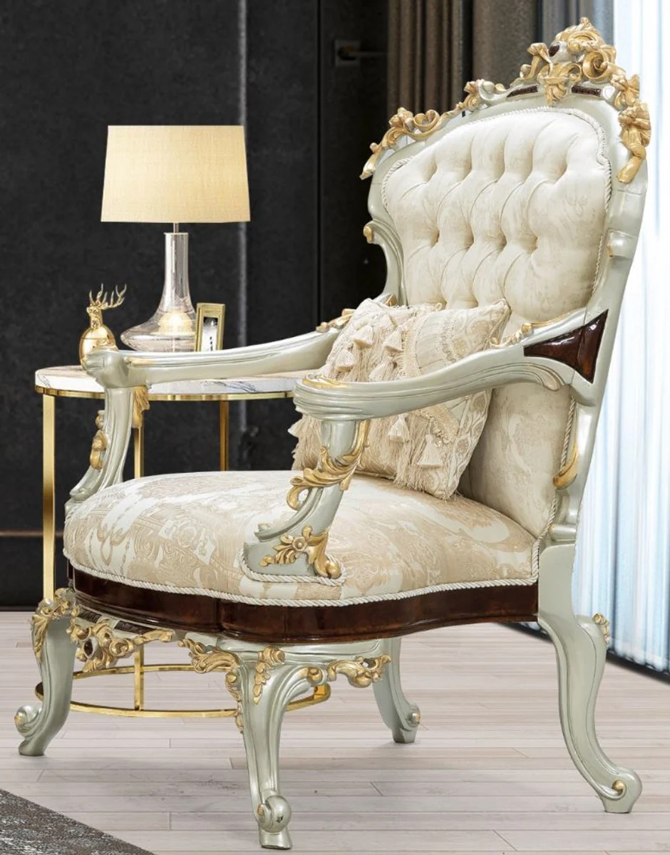 Luxury Baroque Living Room Set Cream / Beige / Dark Brown / Silver / Gold - 2 Sofas & 2 Armchairs & 1 Coffee Table - Living Room Furniture in Baroque Style - Noble & Magnificent