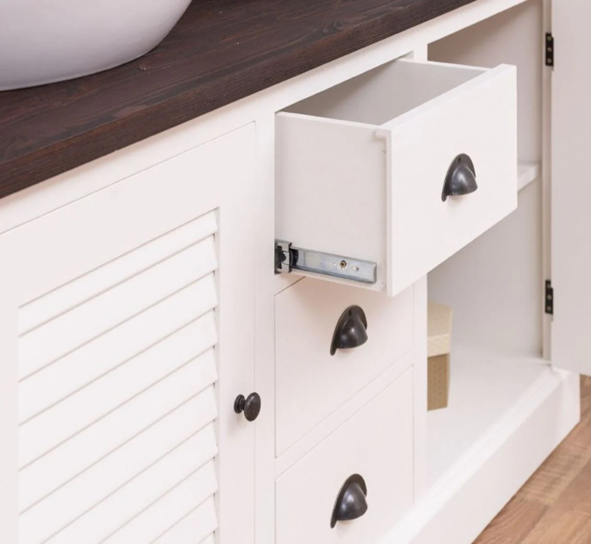 Country house style bathroom set white / dark brown - 1 double washbasin & 2 wall mirrors - solid wood bathroom furniture in country house style