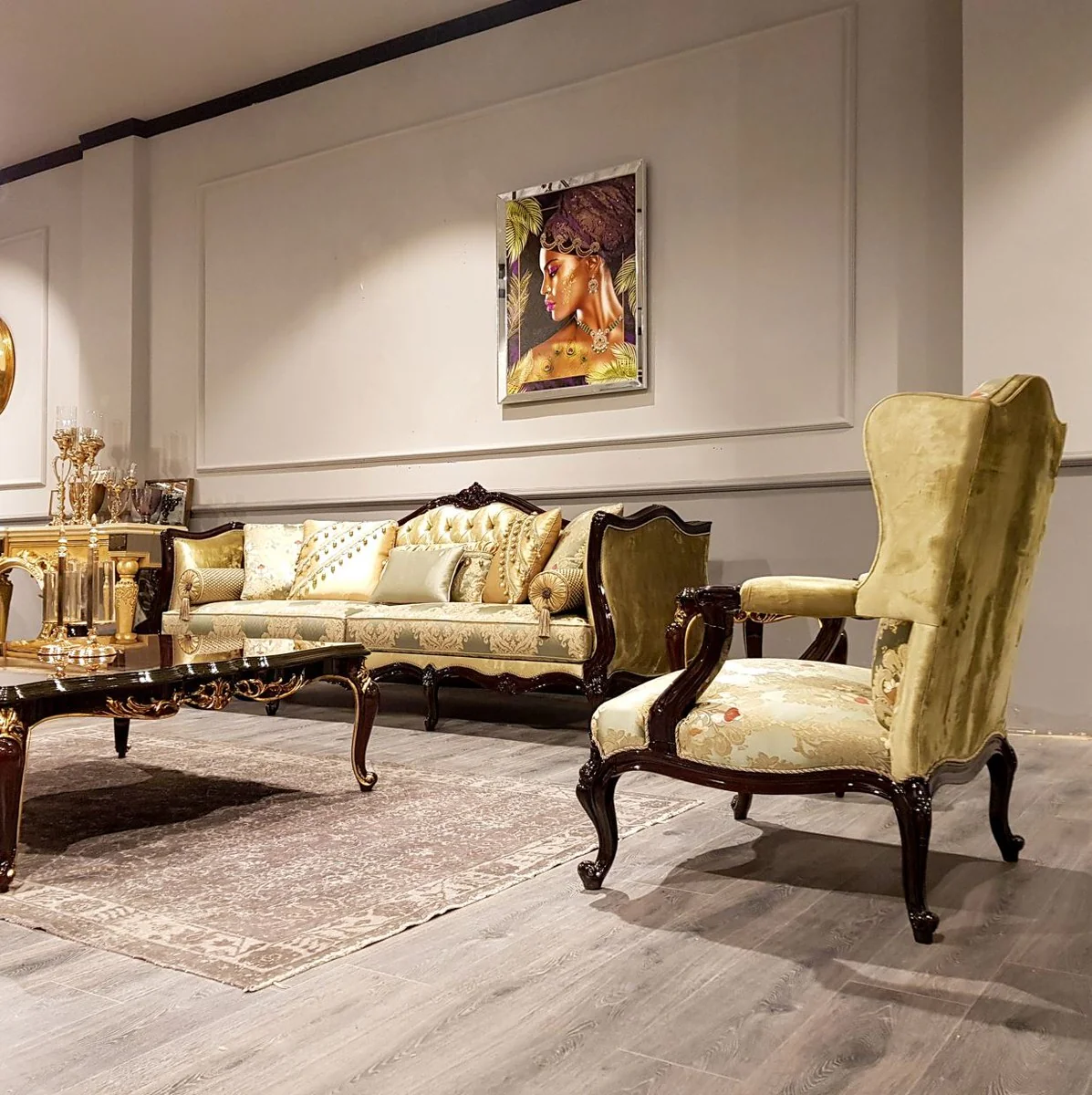 Luxury Baroque Sofa Gold / Silver / Black - Magnificent living room sofa with elegant pattern - Baroque furniture