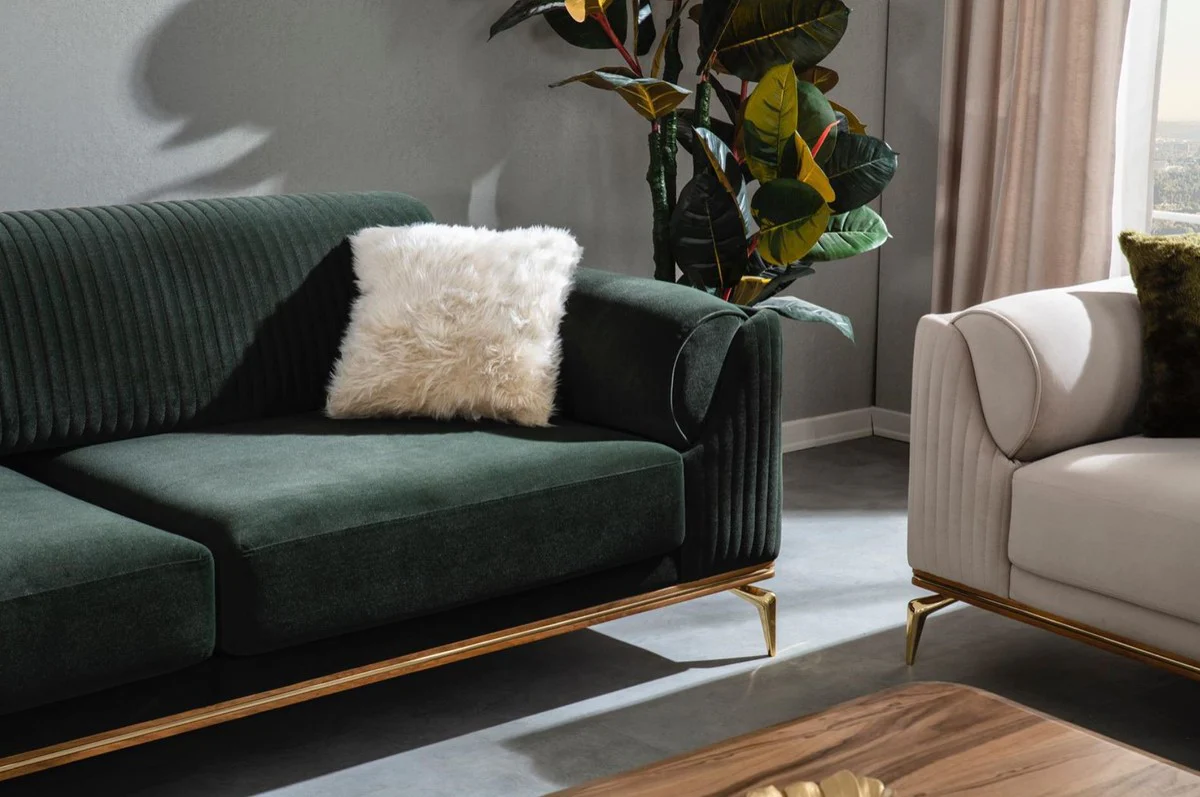 Luxury Art Deco sofa green / brown / gold 230 x 100 x H. 92 cm - Noble living room sofa with decorative pillows - Luxury Art Deco furniture