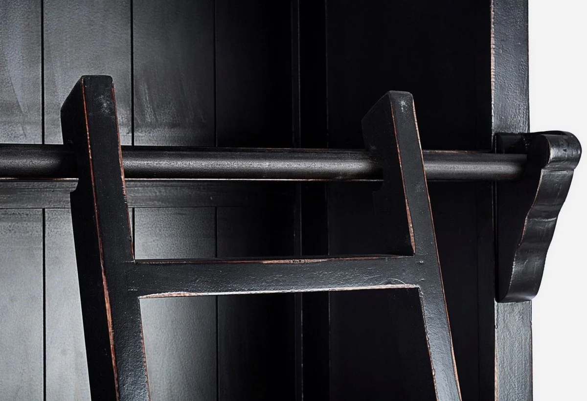 Country house style cabinet with ladder antique black 143.5 x 40.6 x H. 233.7 cm - bookcase - shelf cabinet - living room cabinet - office cabinet - country house style furniture