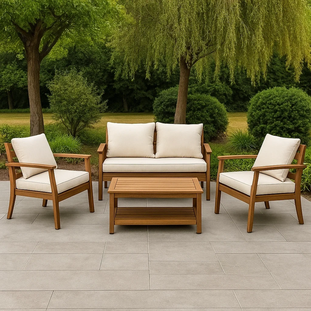 4-Sitzer Gartenmöbel, Holz, beige und braun, rechteckig, wetterfest, Sofa 130x80x75 cm, Sessel 60x60x80 cm, Couchtisch 100x50x45 cm - 3j3XiYSKiLda