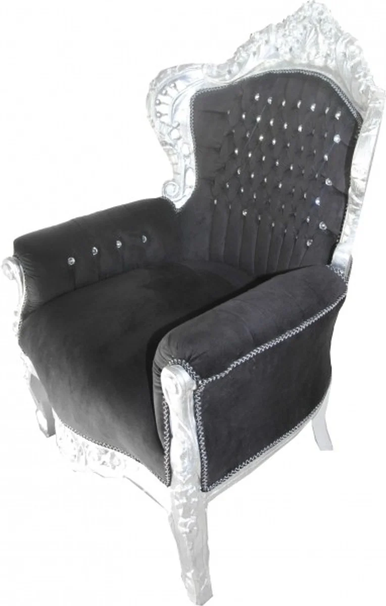 Barock Sessel King Schwarz / Silber mit Bling Bling Glitzersteinen 85 x 85 x H. 120 cm