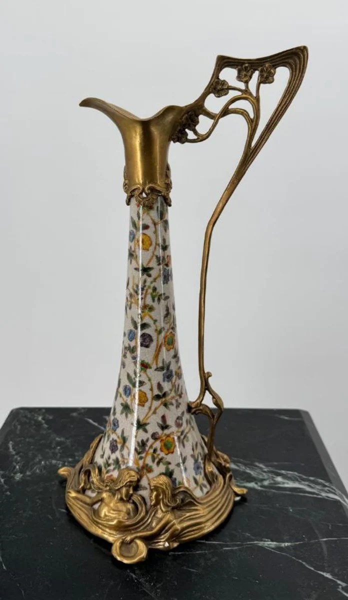 Jugendstil Weinkrug Creme / Bunt / Messing H. 35 cm - Jugendstil Deko