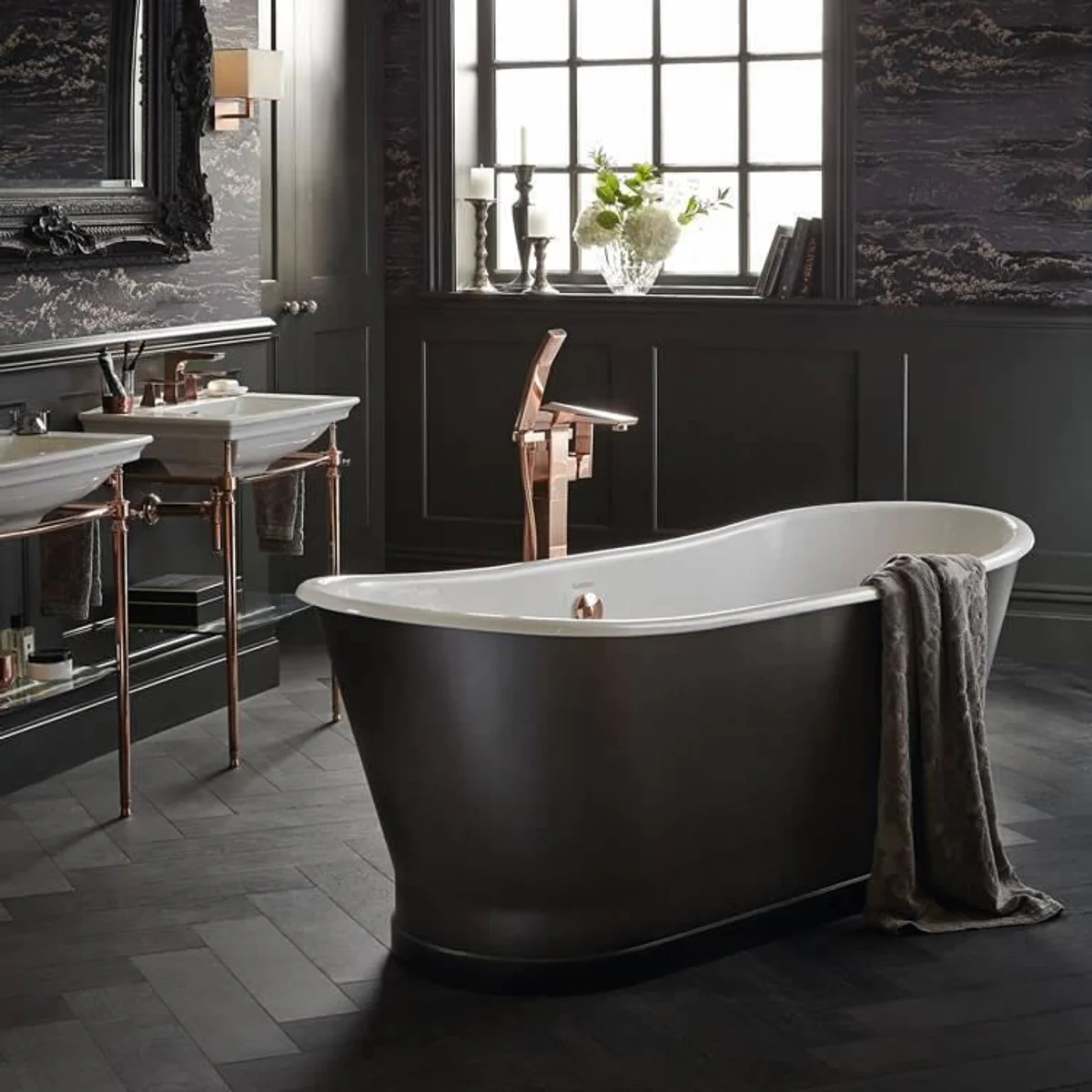 Luxury cast iron bathtub carbon color / white 170 x 68 x H. 69.5 cm - Curved freestanding bathtub - Baroque & Art Nouveau bathroom furniture