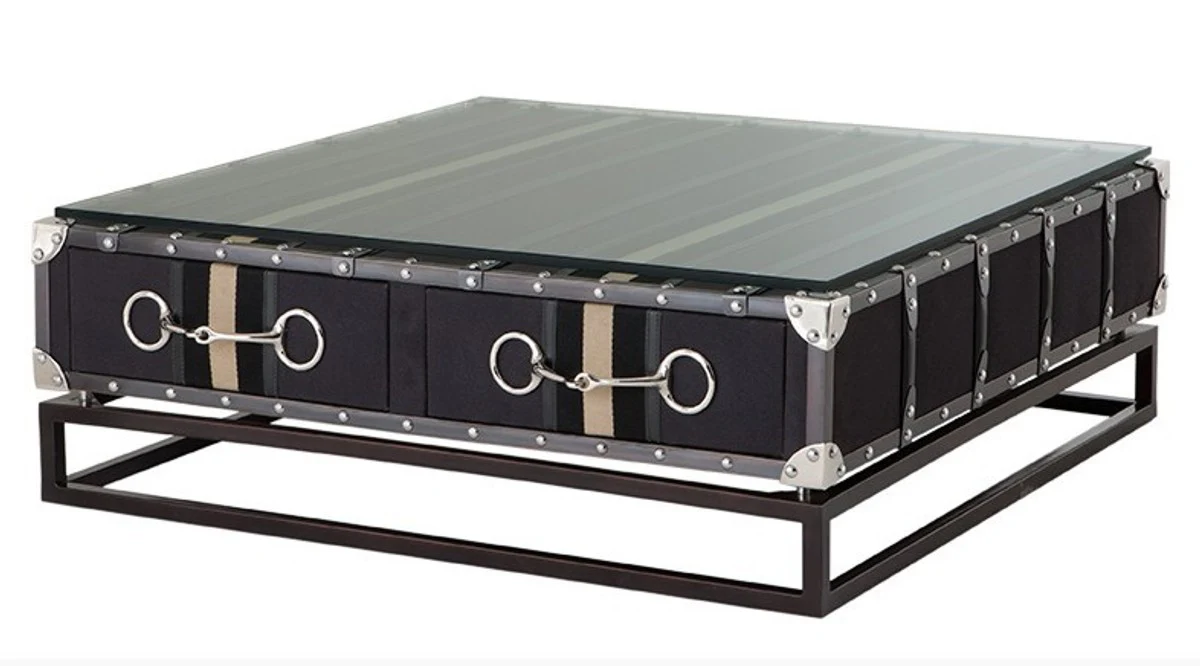 Luxury coffee table in vintage suitcase design with horsebit applications dark gray 90 x 90 cm salon table living room