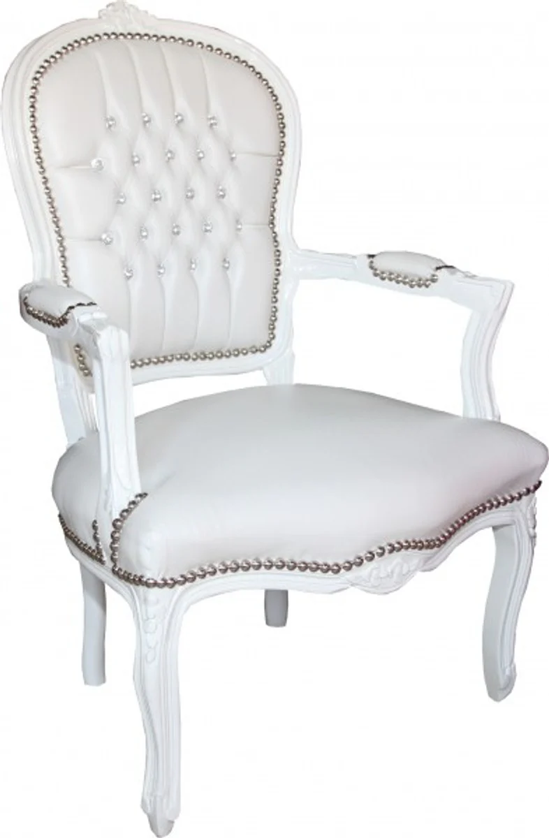 Baroque Salon Chair White Leather Look / White with Bling Bling Rhinestones - Furniture Antique Style