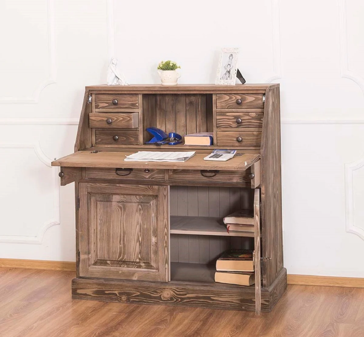 Country house style writing chest with 2 doors and 8 drawers brown 106 x 49 x H. 109 cm - country house style furniture