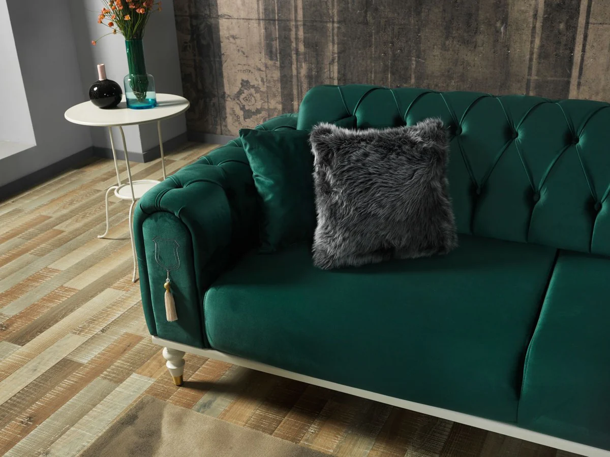 Luxury Chesterfield sofa bed green / white / gold 230 x 95 x H. 83 cm - Living room sofa with 3 cushions - Luxury living room furniture