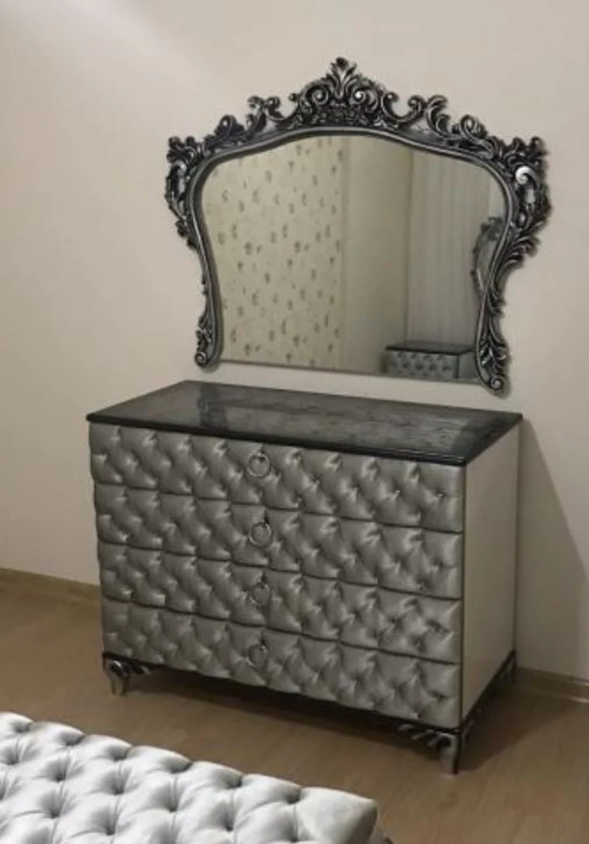 Baroque bedroom chest of drawers with elegant wall mirror silver - solid wood cabinet with mirror - bedroom furniture in the baroque style