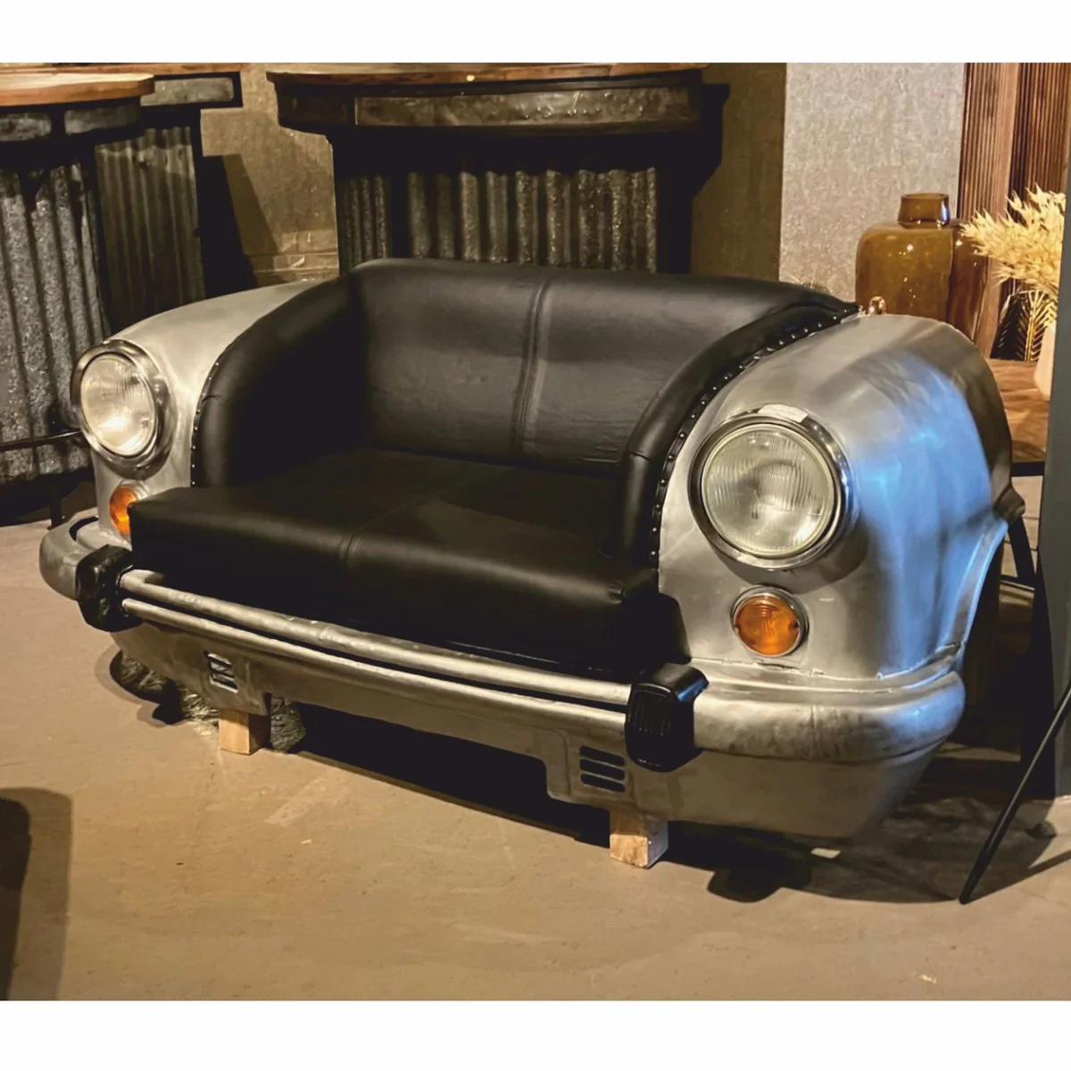 Designer car sofa silver / black 158 cm - living room car furniture