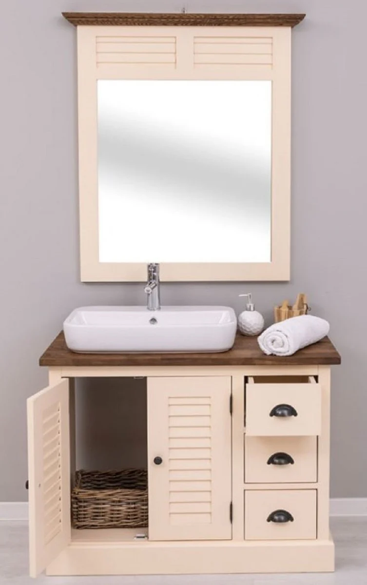 Country house style bathroom set beige / dark brown - 1 country house style washbasin with sink and tap & 1 country house style wall mirror - bathroom furniture in country house style