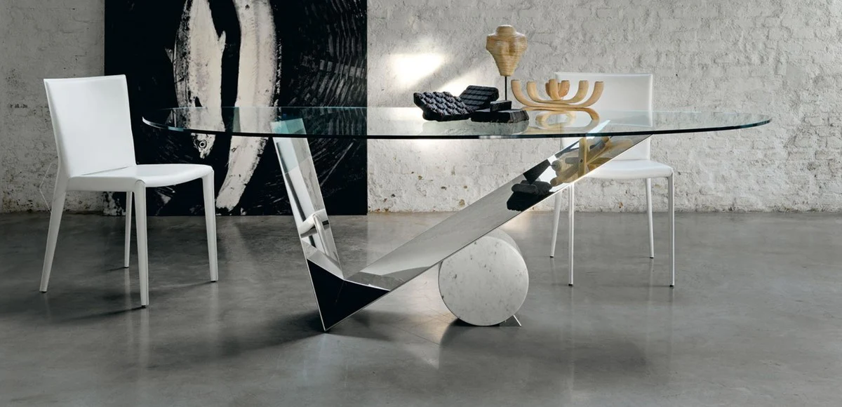 Designer dining table silver / white 240 x 115 x H. 75 cm - Dining room table with glass top - Modern dining room furniture - Luxury collection