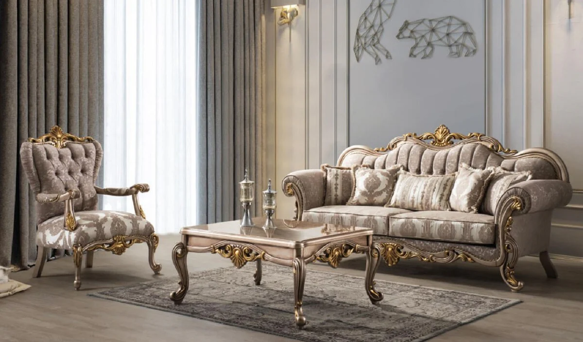 Luxury baroque sofa gray / silver gray / gold 235 x 85 x H. 120 cm - magnificent living room sofa with an elegant pattern - furniture in the baroque style