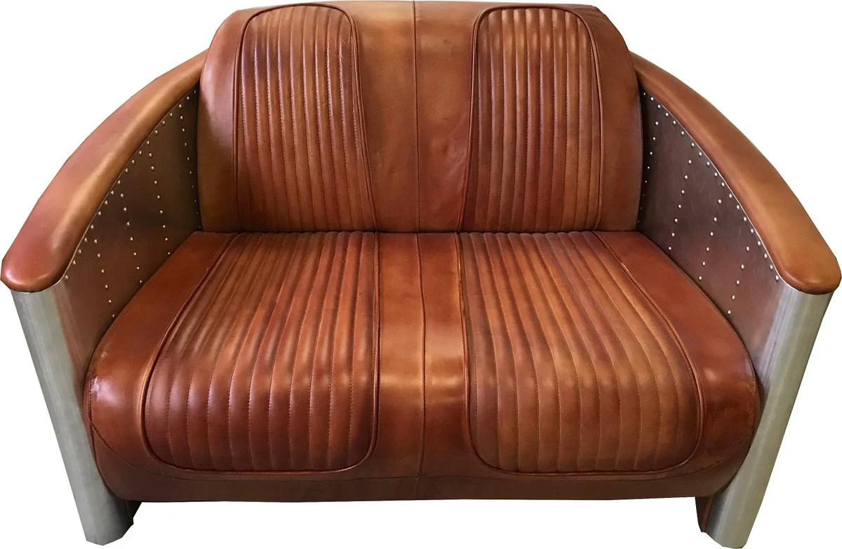 Luxury Art Deco leather sofa 122 x 70 x H. 82 cm - Various colors - Aluminum living room sofa with real leather - Aluminum airplane aviator sofa furniture