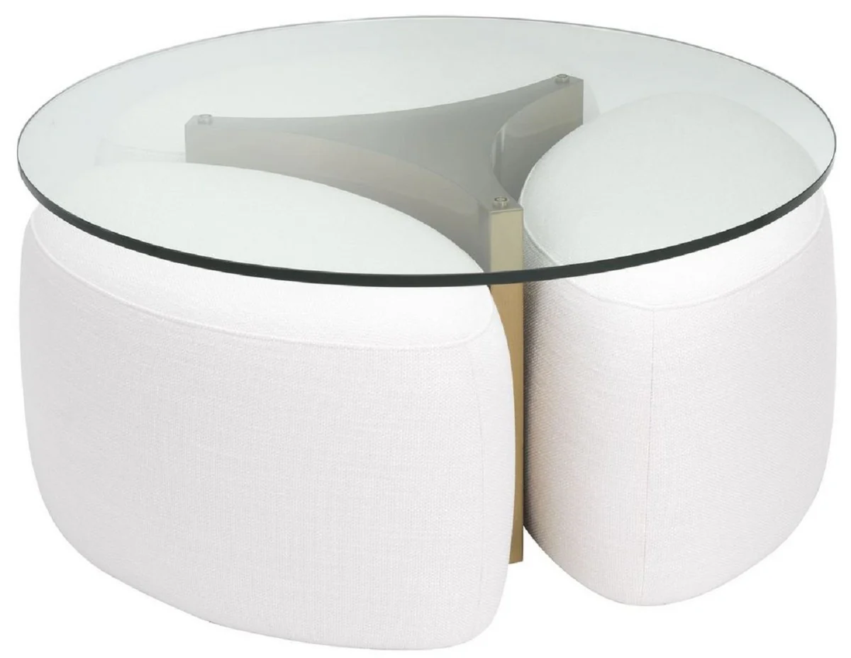 Luxury coffee table white / antique brass Ø 104 x H. 46.5 cm - Round stainless steel living room table with glass top and 3 elegant stools - Living room furniture - Luxury furniture