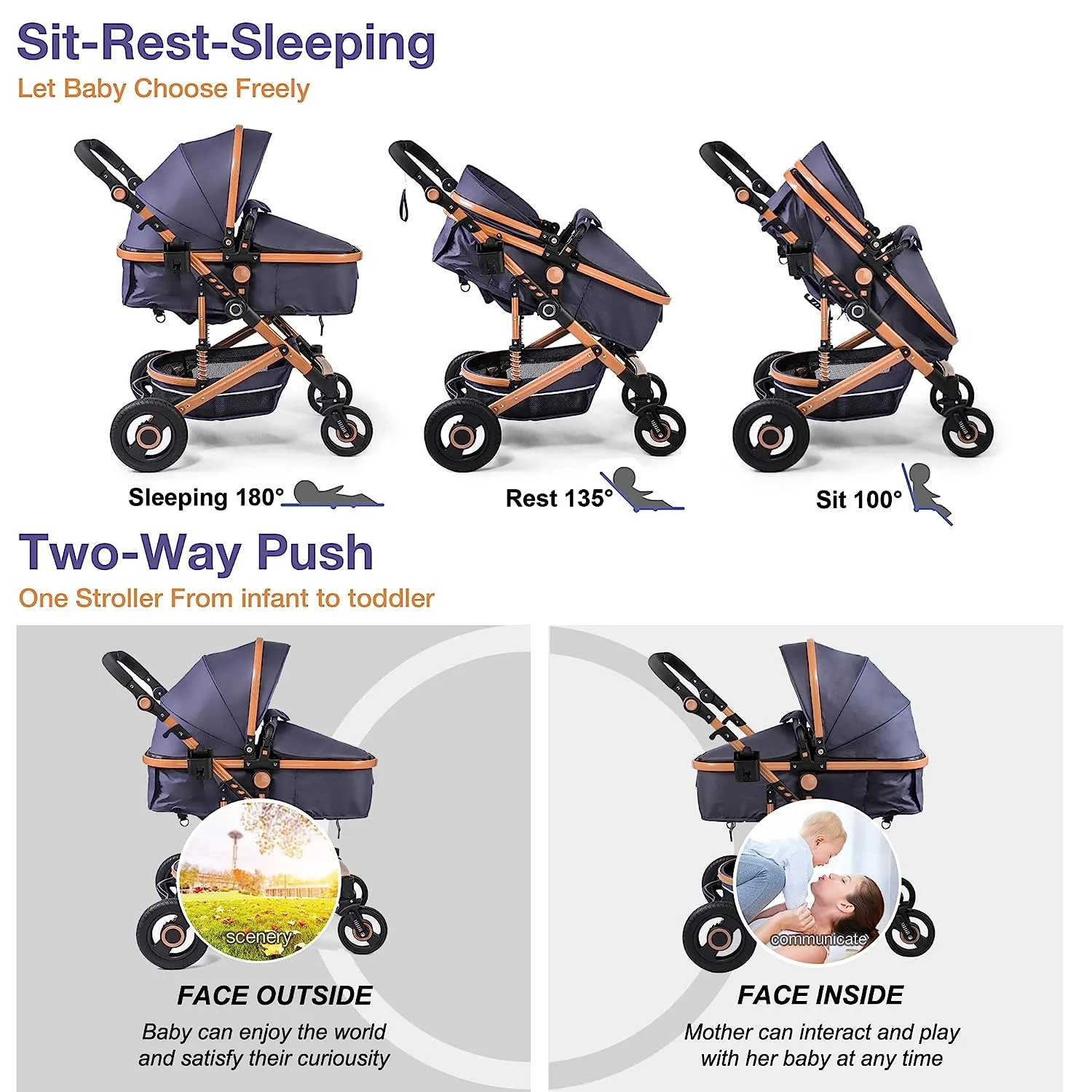 Kinderwagen, Hochformat-Kinderwagen, umkehrbarer Stubenwagen für Neugeborene, faltbarer Kinderwagen mit Fußabdeckung, Getränkehalter, Netz, Sicherheitshandschlaufe (Celadon)