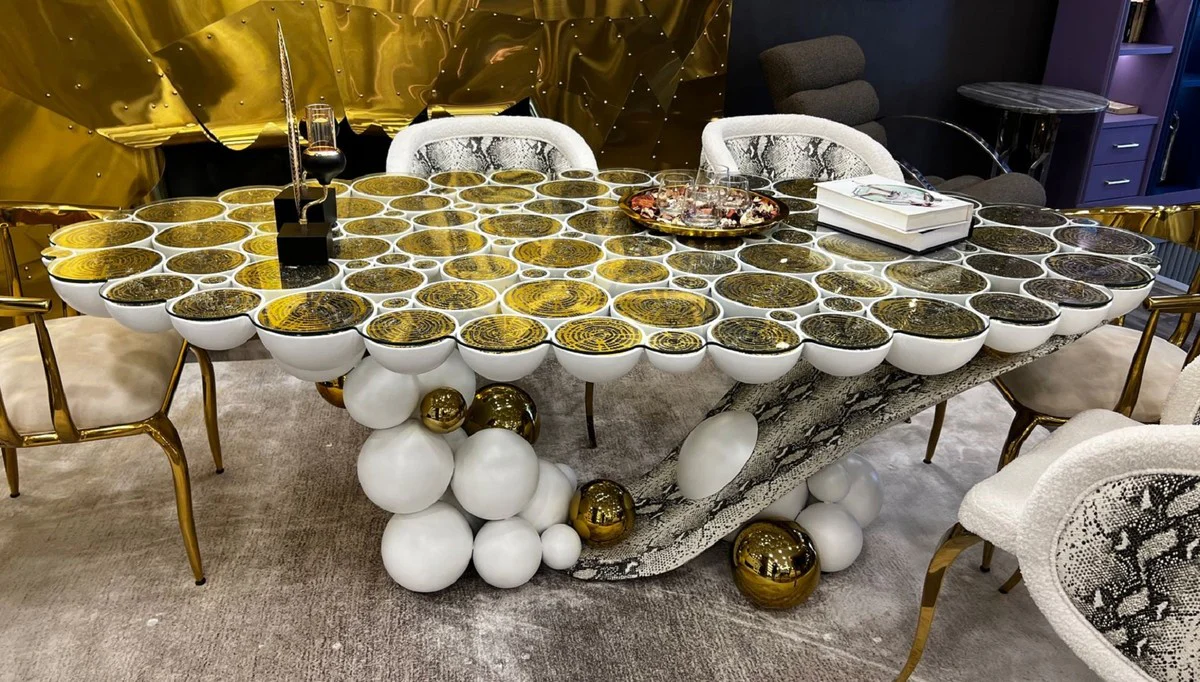 Luxury designer dining table with glass top white / gold / black 230 x 120 x H. 76 cm - Dining room furniture - Luxury furniture - Designer furniture